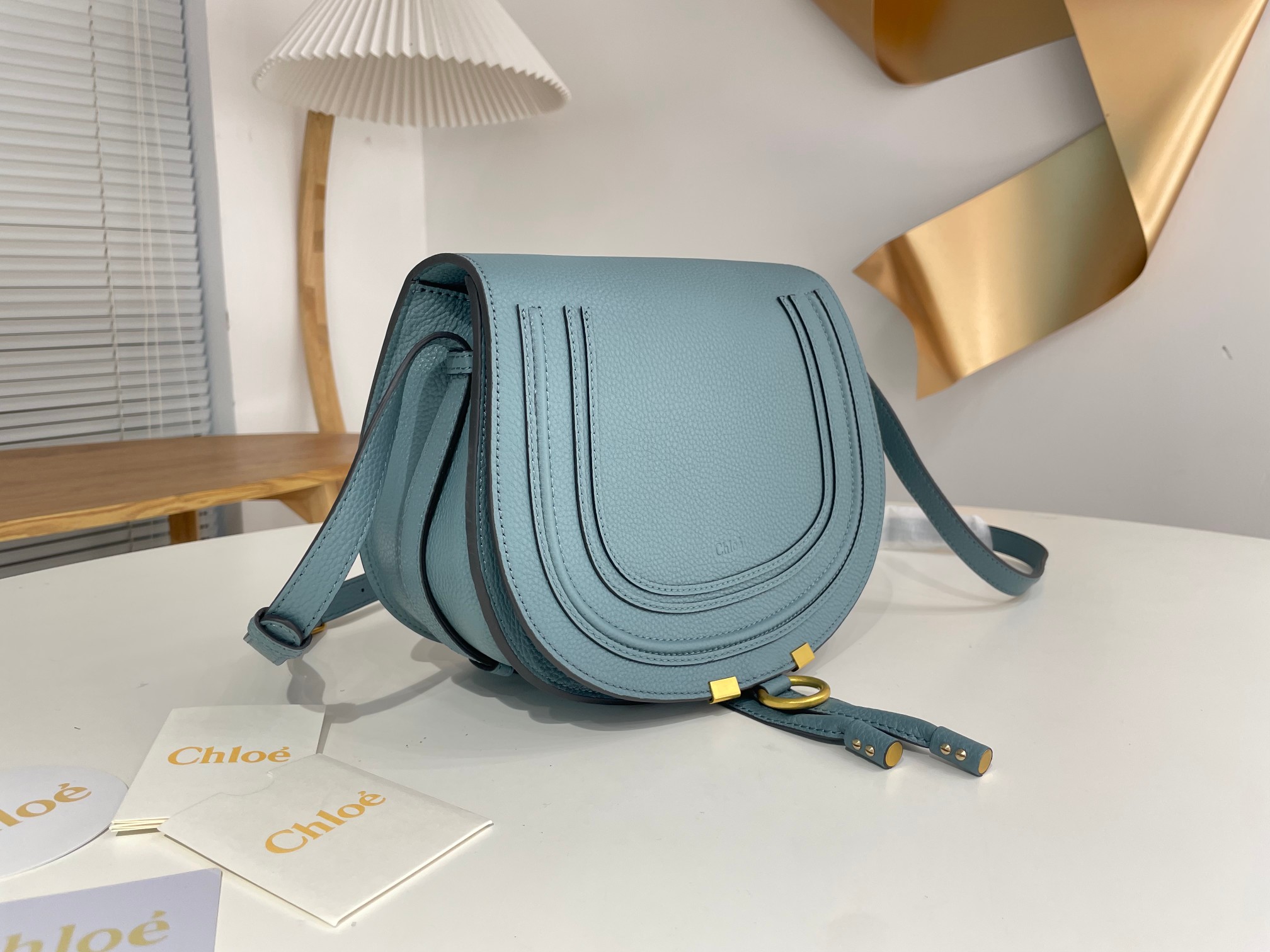 Chloe Marcie Saddle Shoulder Bag In Light Blue Grained Leather